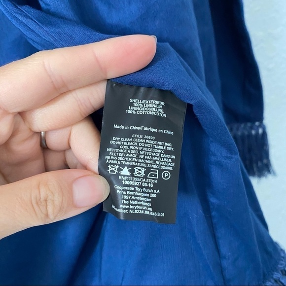 Tory Burch Emily Blue Fringe Trim Linen Blend Open Front Jacket Women’s Size 10 - Picture 6 of 8